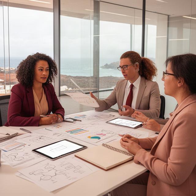 Equipo de consultoría revisando gráficos y procesos en una sala de reuniones luminosa de Canarias