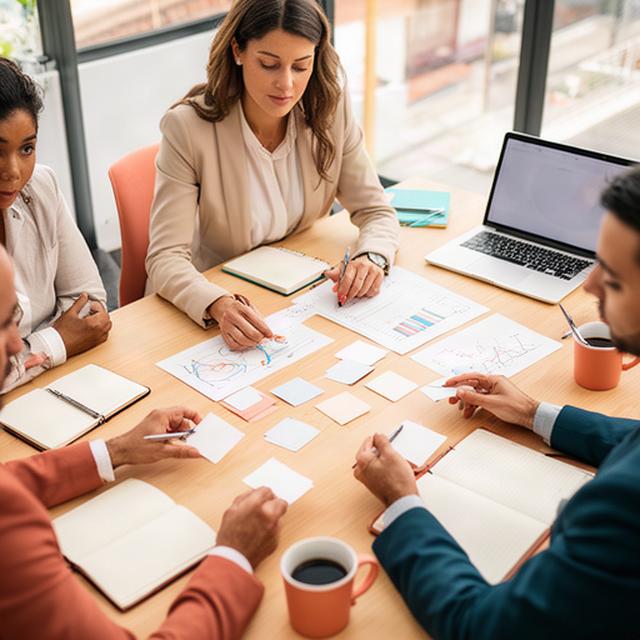 Consultora y equipo empresarial revisando indicadores y notas en una mesa de trabajo luminosa en Güímar
