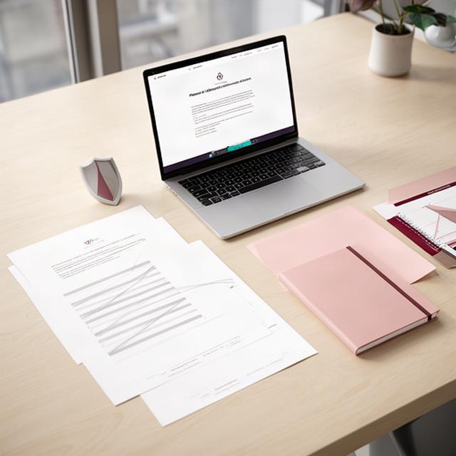 Documentos de privacidad junto a un portátil y una libreta sobre una mesa de trabajo luminosa